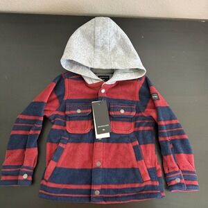 Quiksilver Surf Days Hooded Fleece Shirt Boys 2 Red Striped Snap Long Sleeve NWT